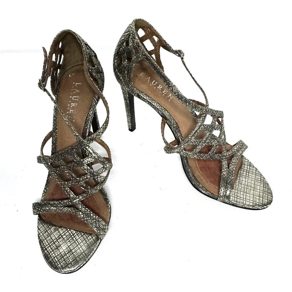 WOMEN'S LAUREN RALPH LAUREN Sydney Strappy Sandals Gold Leather Heels SZ 7 B